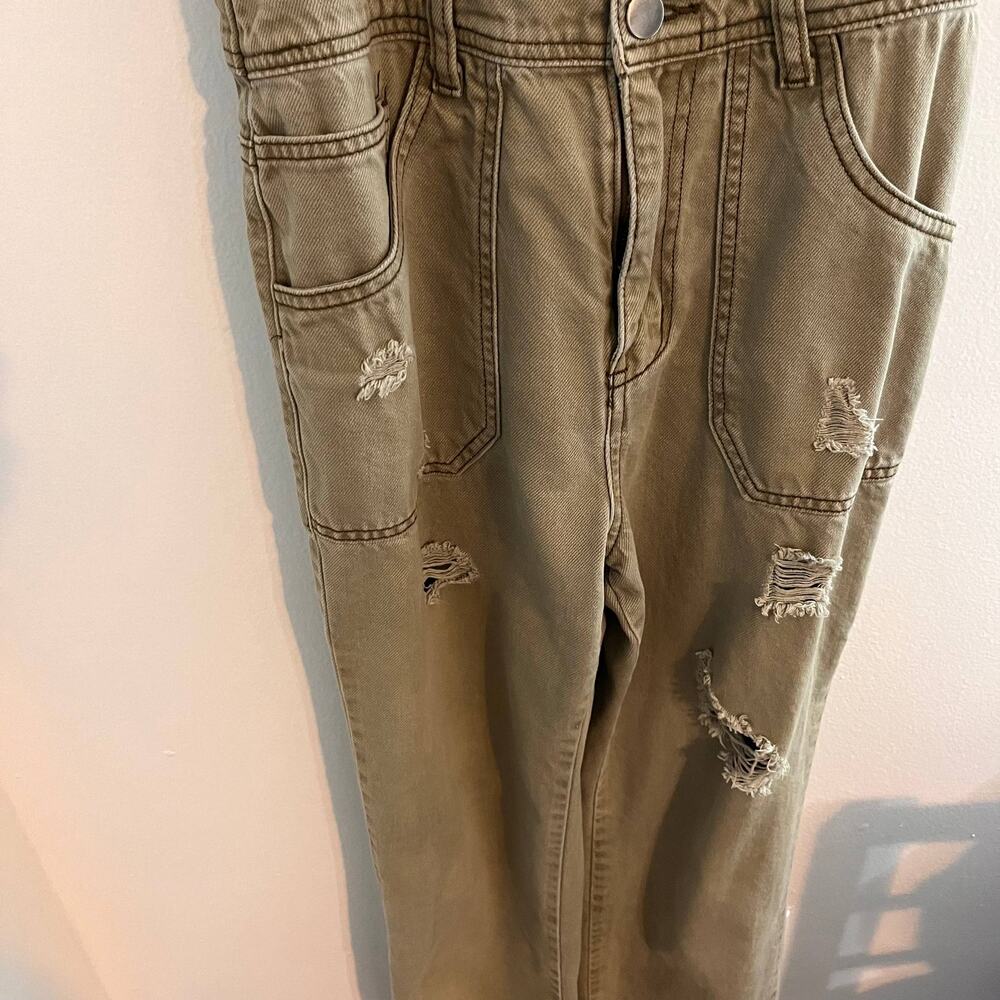 Easel Overalls Womens Small Olive Green Denim Distressed Jumpsuit Lagenlook Boho - Picture 4 of 11